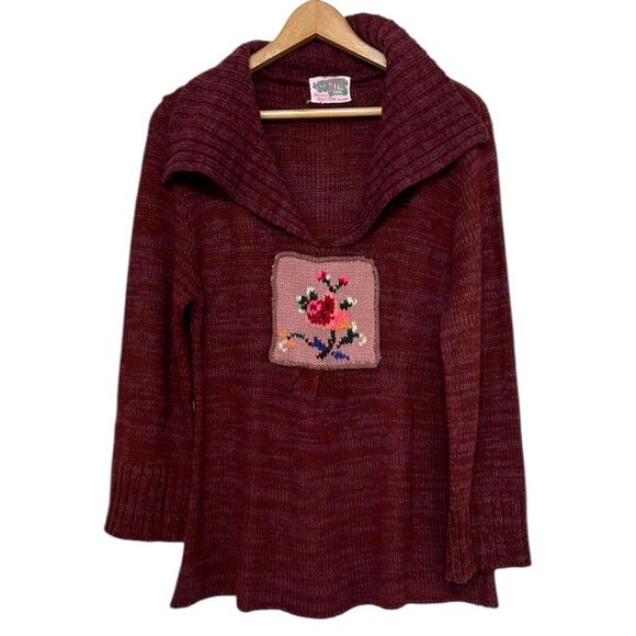 Vintage Sweater Woman's Size Medium V-Neck Bohemian Tunic Length Patchwork Knit - Picture 1 of 8